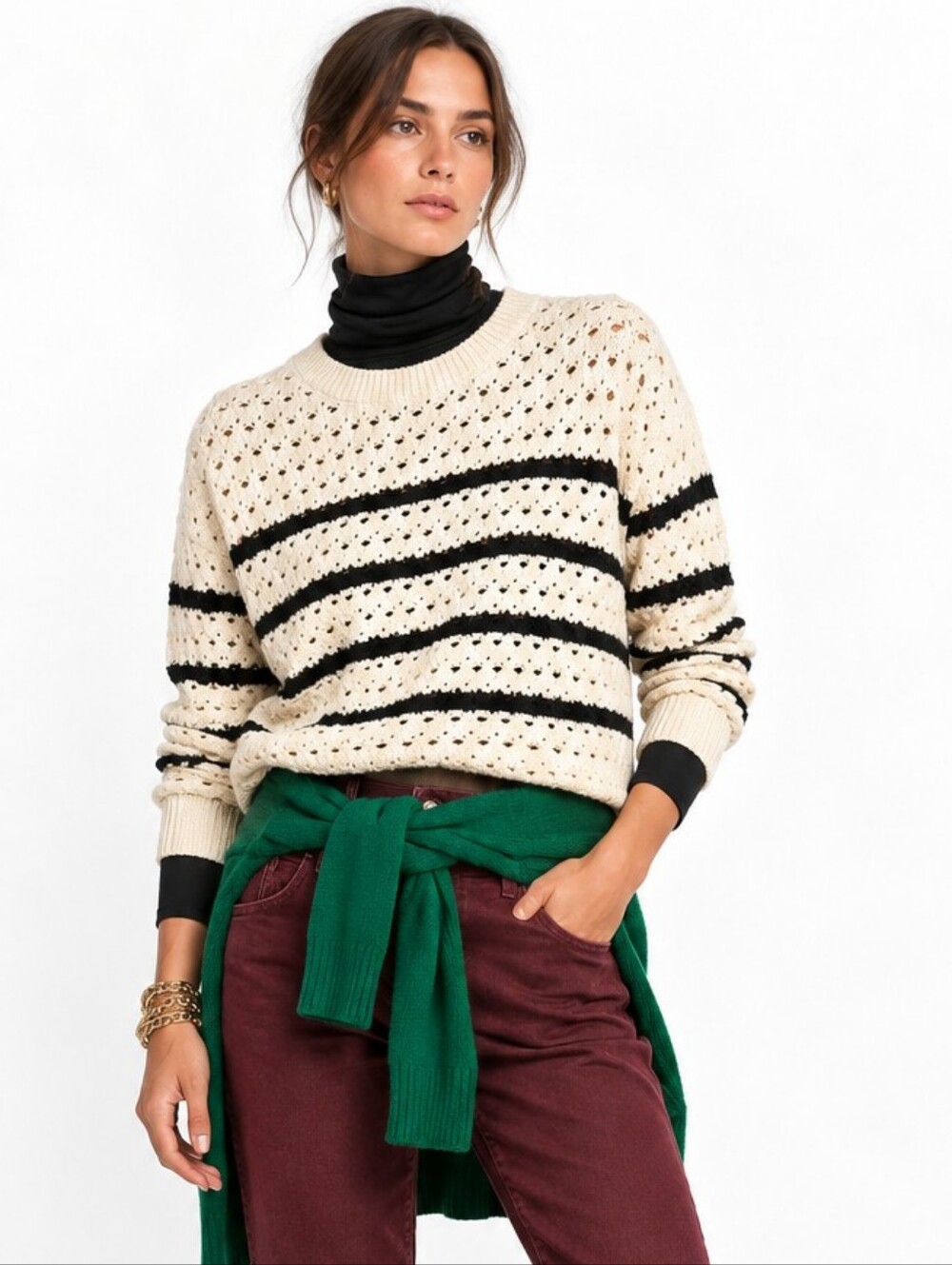 Evereve Cream Stripe Crochet Cotton Sweater